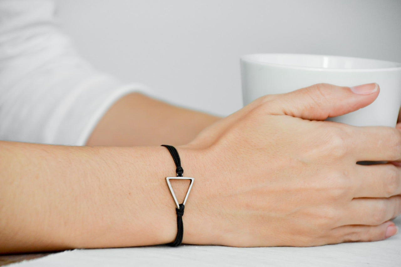 Womens bracelet with silver triangle, Geometric bracelet, black cord - shani-adi-jewerly