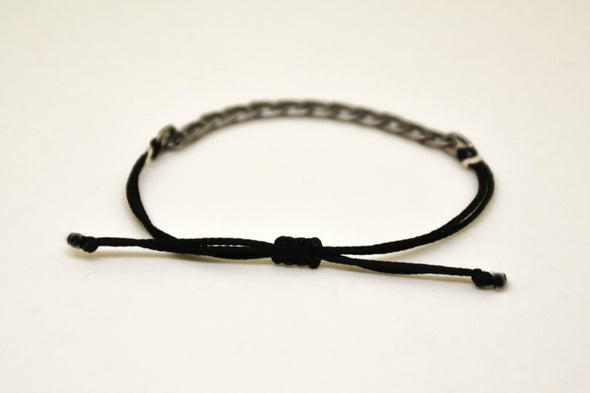 Adjustable cord bracelet with silver flat chain charm, black string - shani-adi-jewerly