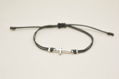 Women bracelet with silver cross charm, Gray cord - shani-adi-jewerly