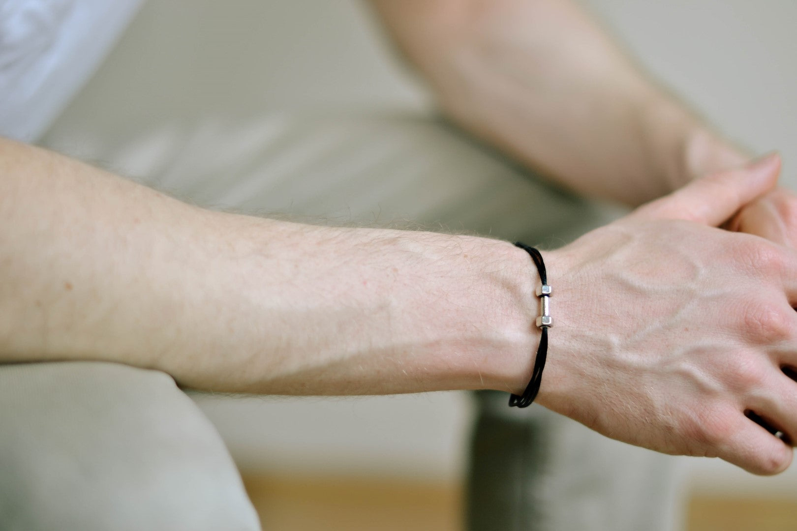 Silver Dumbbell bracelet for men, black cord, weights charms, workout jewelry for him - shani-adi-jewerly