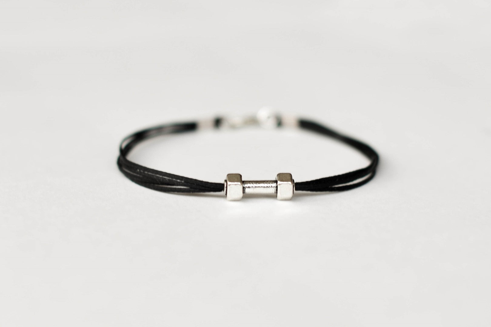 Silver Dumbbell bracelet for men, black cord, weights charms, workout jewelry for him - shani-adi-jewerly