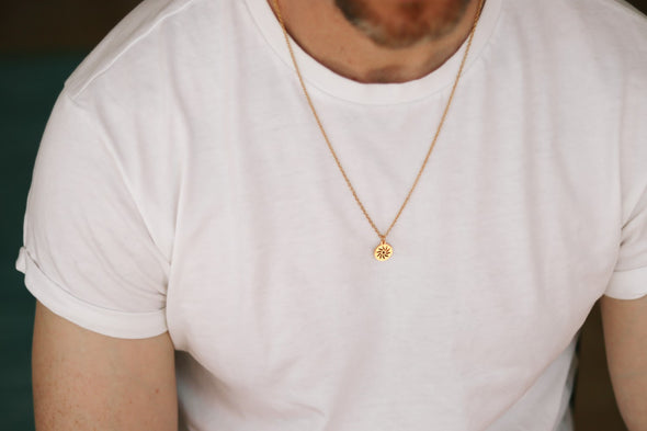Sun necklace for men, groomsmen gift, men's necklace gold sun pendant, stainless chain necklace, gift for him, Yoga necklace, waterproof