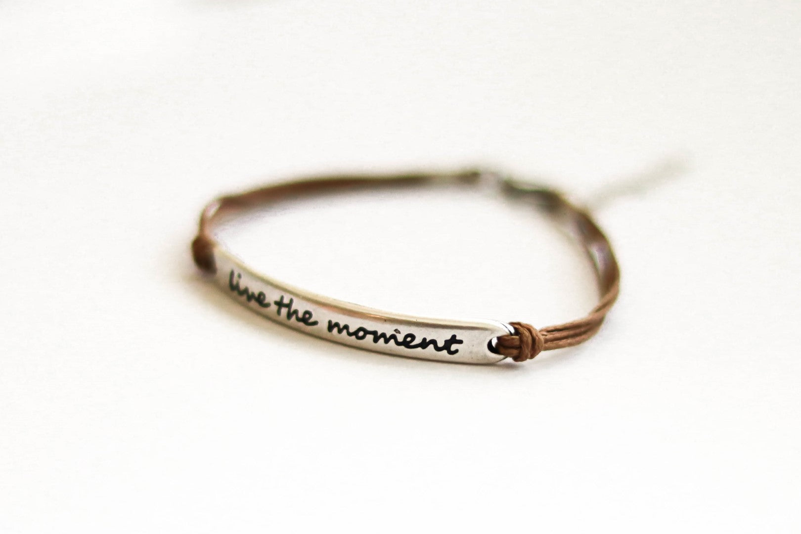 Silver Live the moment bracelet for women, brown cord, yoga jewelry, gift for her - shani-adi-jewerly