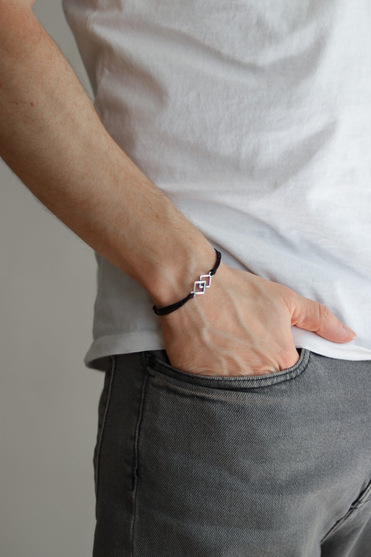 Bracelet for men, silver double rhombus bracelet for him, black cord - shani-adi-jewerly
