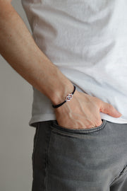 Bracelet for men, silver double rhombus bracelet for him, black cord - shani-adi-jewerly