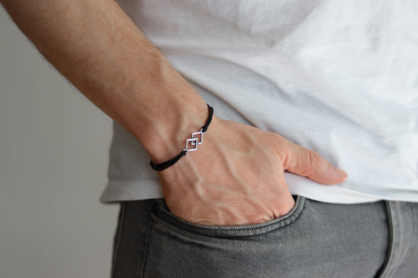 Bracelet for men, silver double rhombus bracelet for him, black cord - shani-adi-jewerly