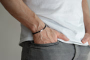 Silver bead bracelet for men, black cord, geometric jewelry - shani-adi-jewerly