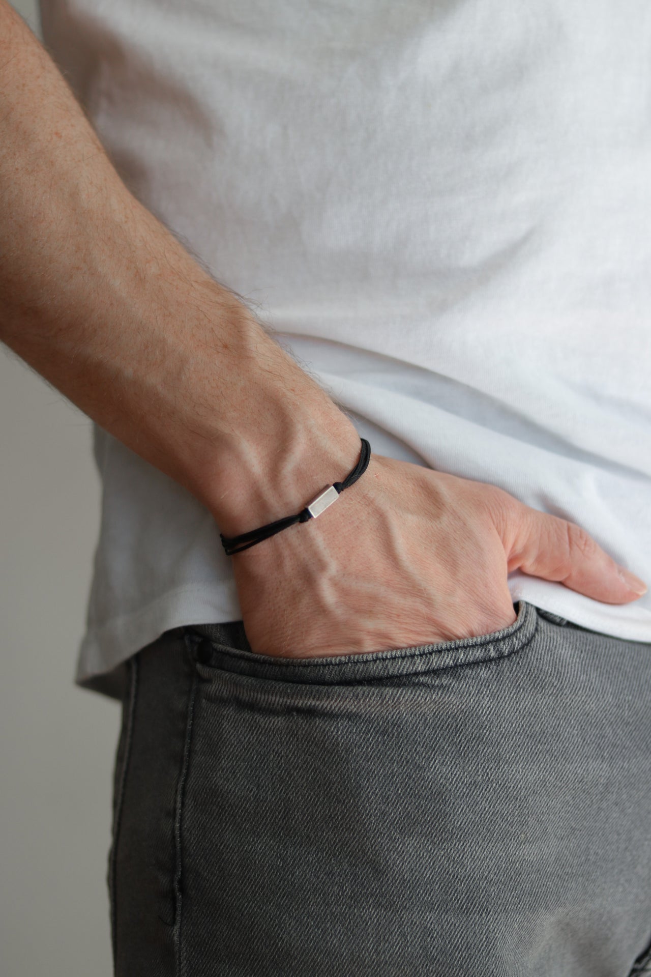 Silver bead bracelet for men, black cord, geometric jewelry - shani-adi-jewerly