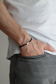Silver bead bracelet for men, black cord, geometric jewelry - shani-adi-jewerly