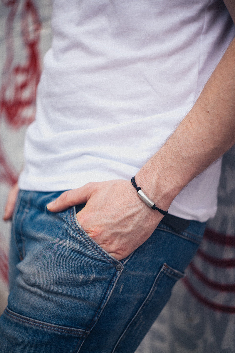 mens bracelets, black cord bracelet for men with a long silver tube bar - shani-adi-jewerly
