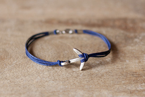 Anchor cord bracelet, men's bracelet, silver anchor charm, blue