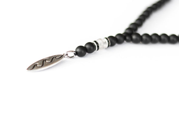 Mala-Perlen-Halskette für Männer, schwarze Perlenkette, Herren-Halskette mit Vein-Achat-Perlen, Wellen-Anhänger, Geschenk für ihn, Surfer-Halskette