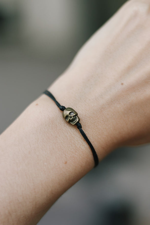 Bronze skull bead bracelet, black string, gift for her, adjustable bracelet