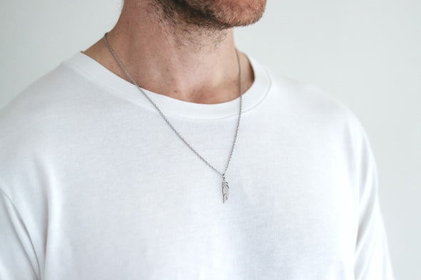 Silver feather necklace for men, stainless steel chain necklace, waterproof - shani-adi-jewerly