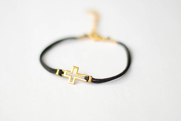 Women's bracelet with gold tone outline cross charm, black cord - shani-adi-jewerly