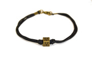 Bronze initial bead bracelet for men, black cord - shani-adi-jewerly
