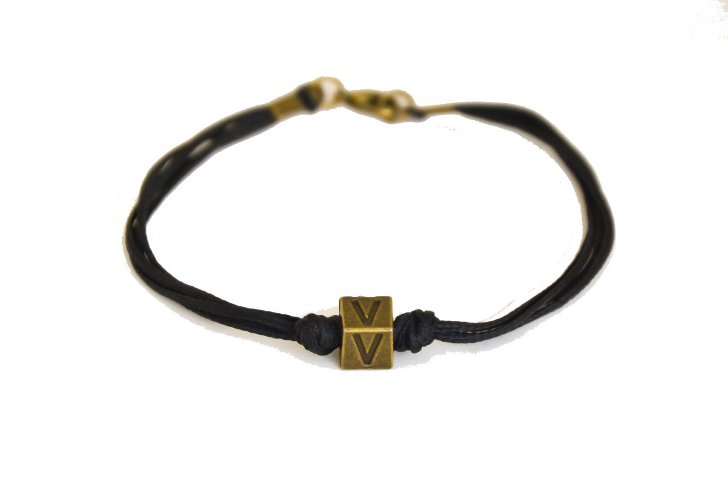 Bronze initial bead bracelet for men, black cord - shani-adi-jewerly