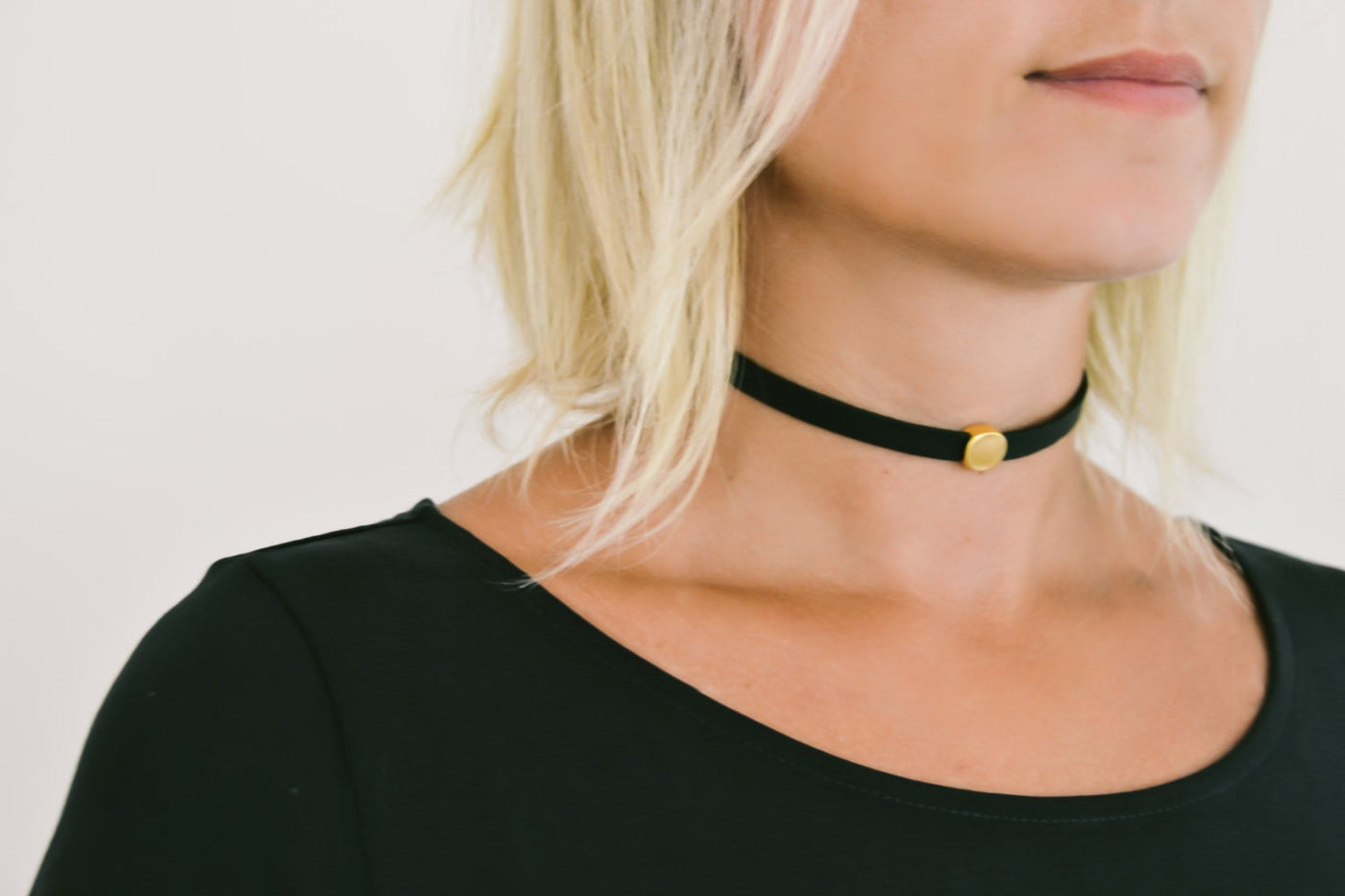 Black strap choker necklace with a gold round bead, gift for her