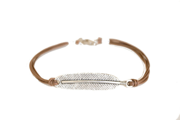 Silver feather bracelet for men, brown cord - shani-adi-jewerly