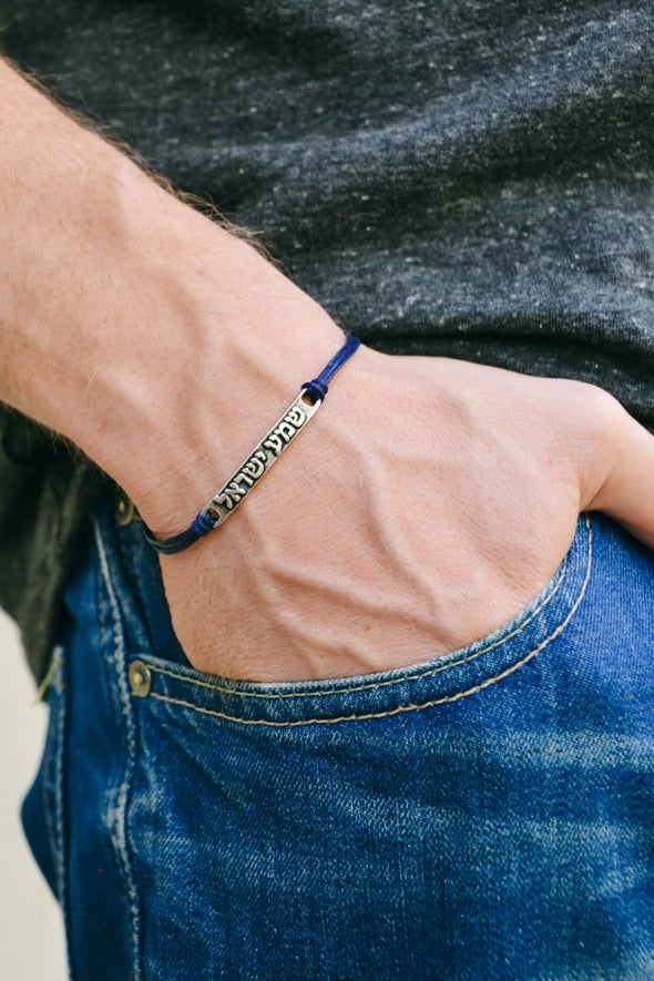 Men's bracelet with hebrew sentence: 'shema israel', blue cord - shani-adi-jewerly