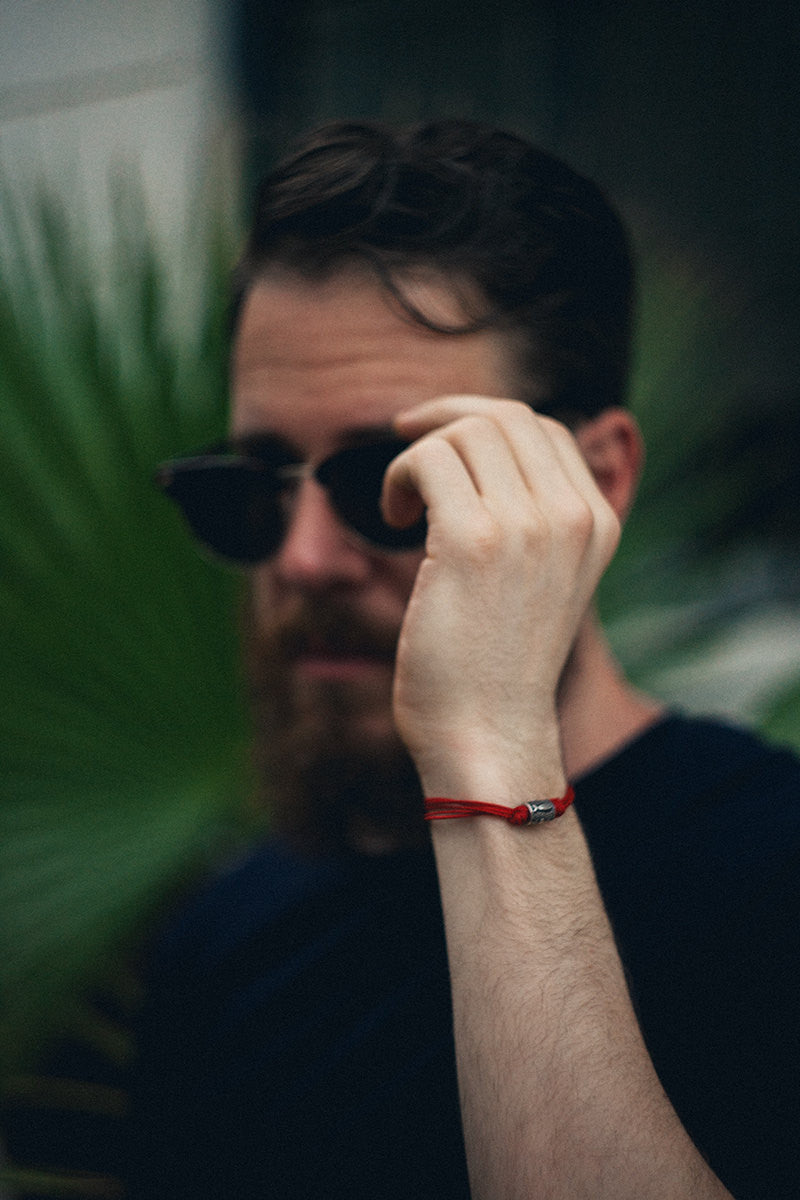 Men's bracelet with a silver tube bead charm and a red cord - shani-adi-jewerly