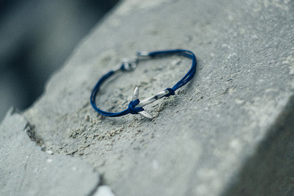 Silver anchor mens bracelet, blue strings, gift for men, nautical - shani-adi-jewerly