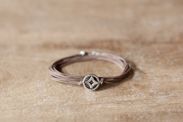 Wrap bracelet for men with silver circle charm, brown strings - shani-adi-jewerly