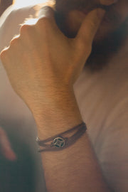 Wrap bracelet for men with silver circle charm, brown strings - shani-adi-jewerly