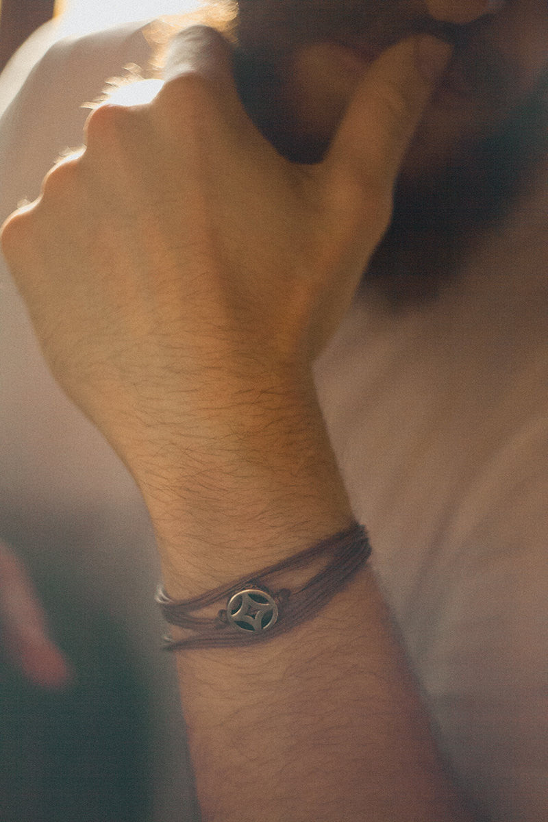 Wrap bracelet for men with silver circle charm, brown strings - shani-adi-jewerly