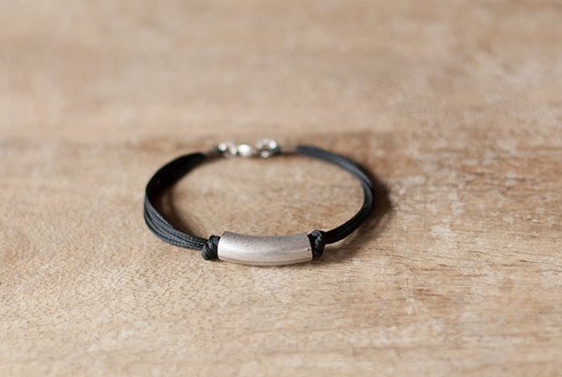 mens bracelets, black cord bracelet for men with a long silver tube bar - shani-adi-jewerly