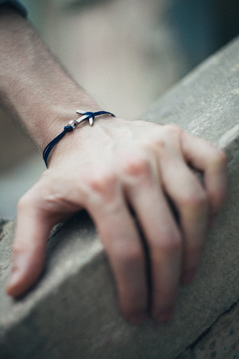 Silver anchor mens bracelet, blue strings, gift for men, nautical - shani-adi-jewerly