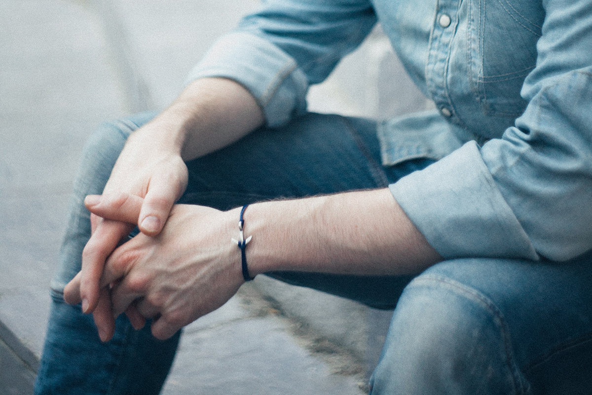 Silver anchor mens bracelet, blue strings, gift for men, nautical - shani-adi-jewerly