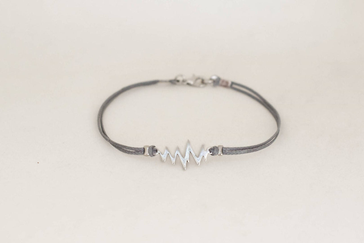 Silver heartbeat bracelet for men, gray cord, Valentine's day gift for him - shani-adi-jewerly