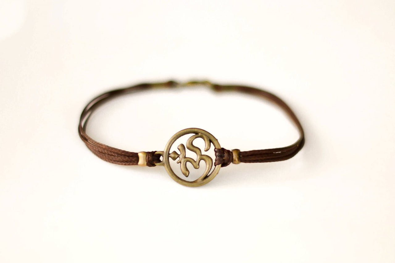 Men's bracelet with antique bronze Om charm, brown cord, fathers day gift for him - shani-adi-jewerly