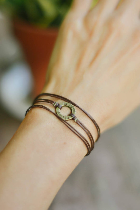 Wrapped believe bracelet, bronze charm, brown cord, mothers day gift - shani-adi-jewerly