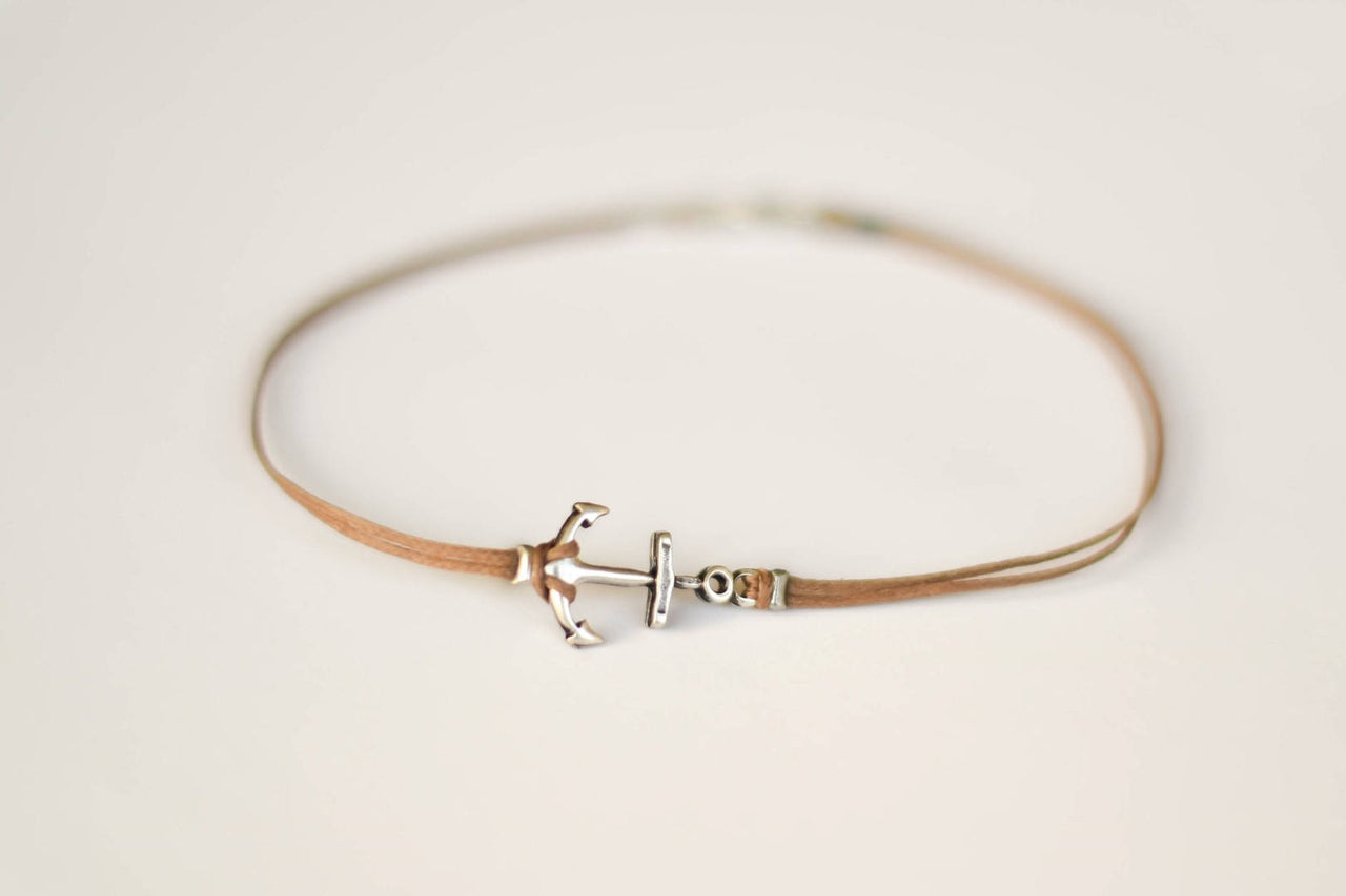 Silver Anchor anklet for men, brown cord, ankle bracelet - shani-adi-jewerly