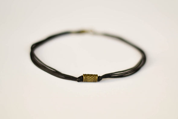 Bronze tube bead anklet for men, black cord - shani-adi-jewerly