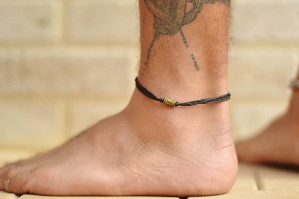Bronze tube bead anklet for men, black cord - shani-adi-jewerly