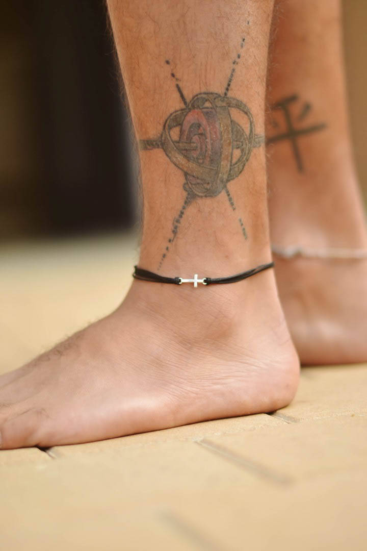 Men's anklet with a silver cross charm, black cord anklet - shani-adi-jewerly
