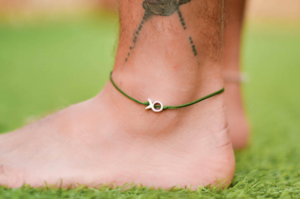 Silver fish bead anklet for men, green cord - shani-adi-jewerly