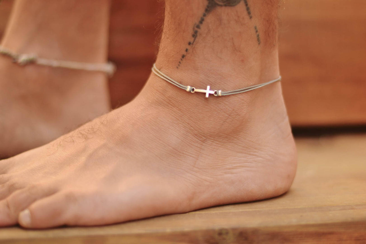 Silver cross anklet for men, gray cord, Valentine's day gift for him - shani-adi-jewerly