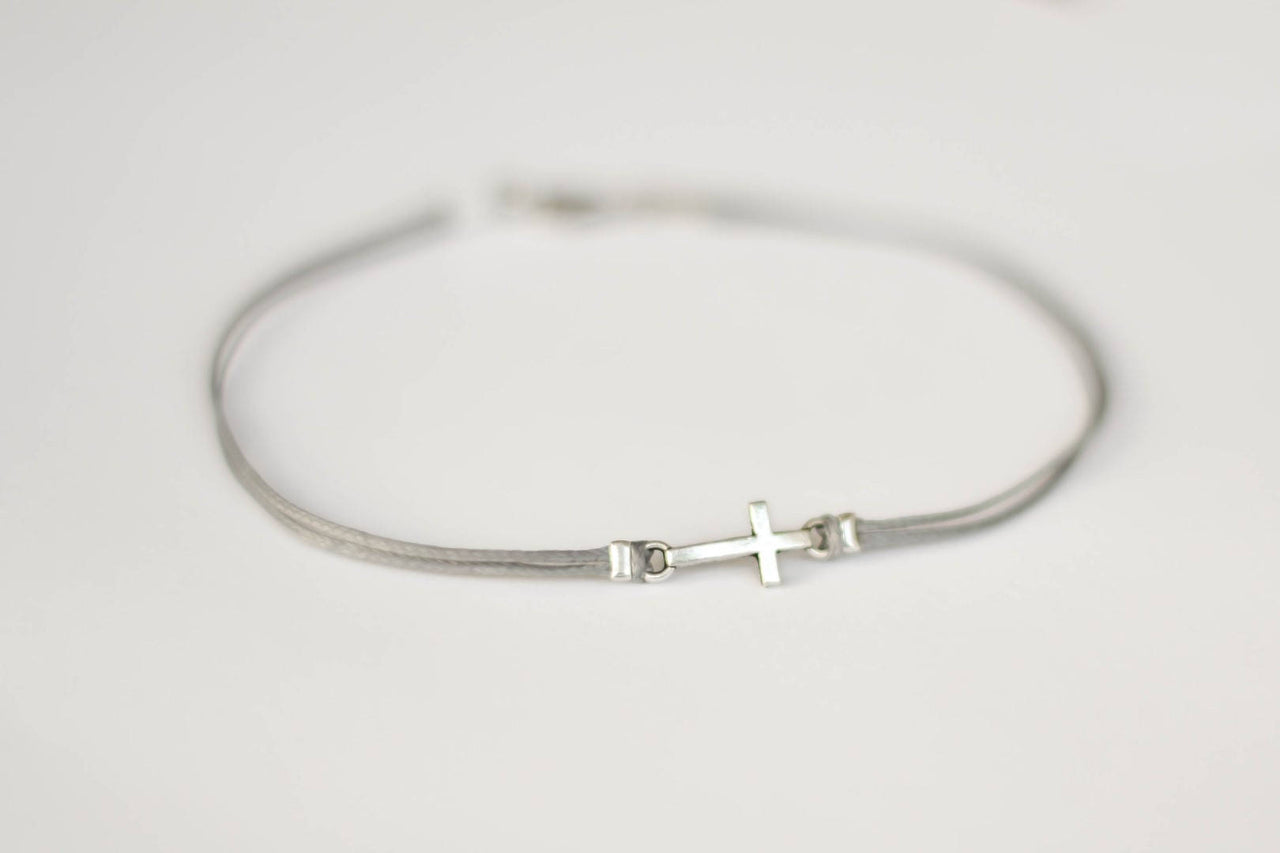 Silver cross anklet for men, gray cord, Valentine's day gift for him - shani-adi-jewerly