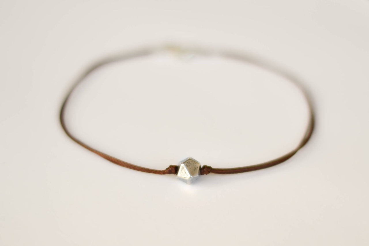 Men's anklet with a silver nugget bead, brown cord - shani-adi-jewerly