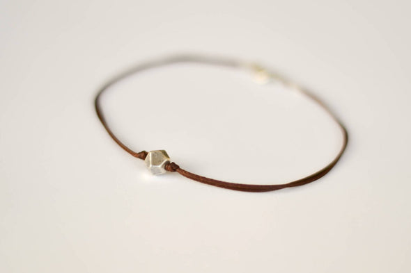 Men's anklet with a silver nugget bead, brown cord - shani-adi-jewerly