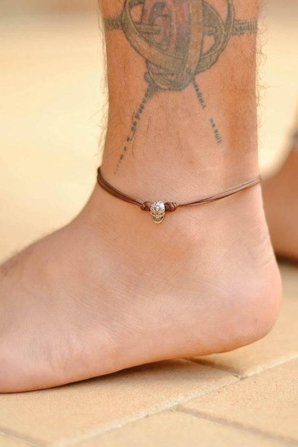 Silver skull anklet for men,  brown cord anklet - shani-adi-jewerly