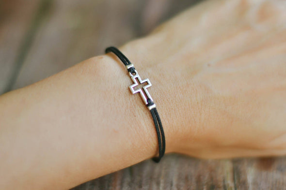 Women bracelet with silver outline cross charm, black cord - shani-adi-jewerly