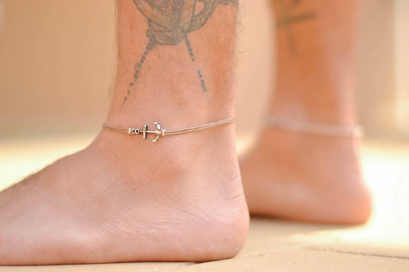 Silver Anchor anklet for men, brown cord, ankle bracelet - shani-adi-jewerly