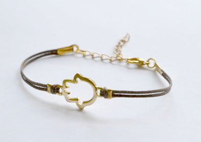 Brown cord bracelet with gold hamsa charm - shani-adi-jewerly