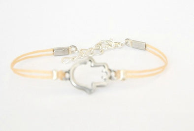 Silver Hamsa bracelet for women, beige cord, spiritual jewelry - shani-adi-jewerly