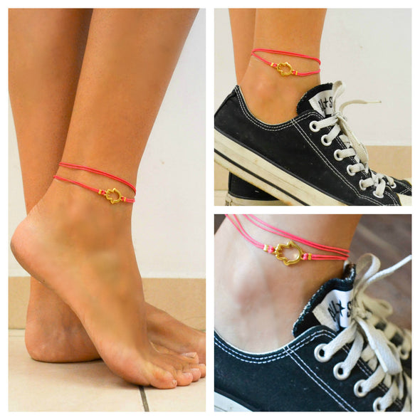 Wrap cord anklet with gold hamsa charm, bright pink cord - shani-adi-jewerly